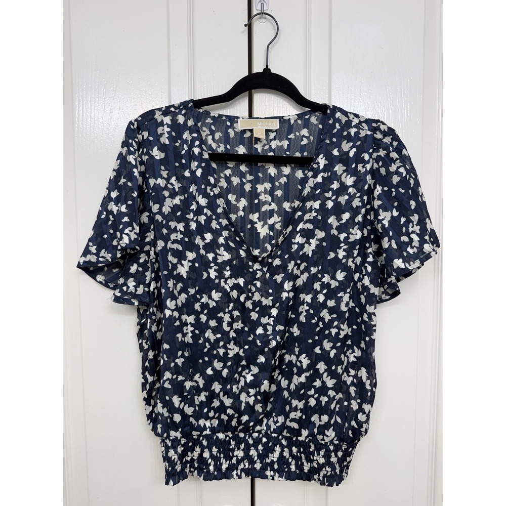 Michael Kors Women's Medium Navy Floral Print Blouse